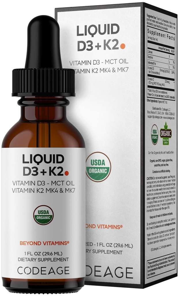 Codeage Liquid D3 + K2 Witaminy USDA Organic - Witamina D3 2000 IU, Witamina K2 (MK4 i MK7) Krople płynne - Wsparcie immunologiczne - Nieflaworyczne - Organiczne MCT Olej - Non-GMO - 1 fl oz