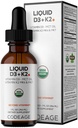 Codeage Liquid D3 + K2 Witaminy USDA Organic - Witamina D3 2000 IU, Witamina K2 (MK4 i MK7) Krople płynne - Wsparcie immunologiczne - Nieflaworyczne - Organiczne MCT Olej - Non-GMO - 1 fl oz