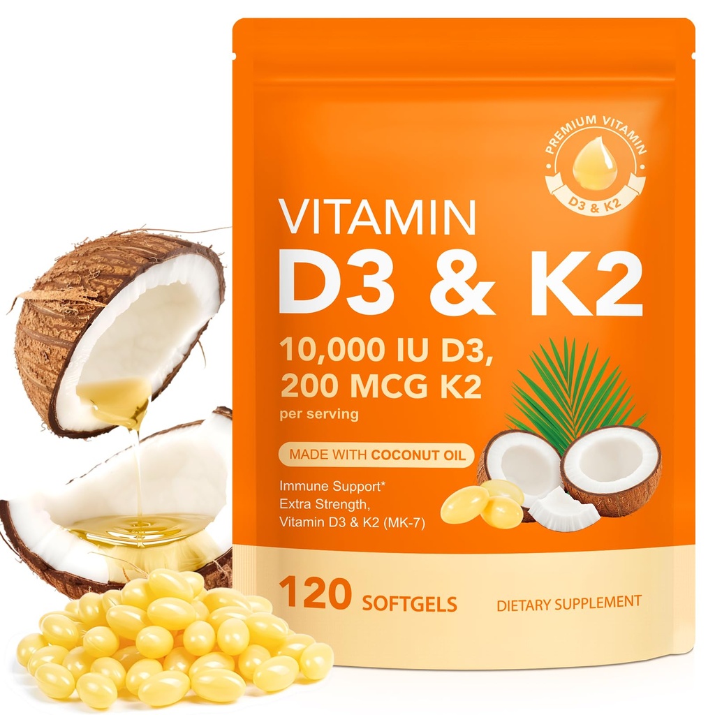 Witamina D3 K2, D3 K2 Witamina 10000 j Suplement z softgeli oleju kokosowego, 2 w 1 Formuła 200 µg (MK- 7) Złożona Softgels Wspiera Wchłanianie wapnia, immunologiczne, Bone Health D3 K2 Witamina - 120 Softgels