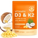 Witamina D3 K2, D3 K2 Witamina 10000 j Suplement z softgeli oleju kokosowego, 2 w 1 Formuła 200 µg (MK- 7) Złożona Softgels Wspiera Wchłanianie wapnia, immunologiczne, Bone Health D3 K2 Witamina - 120 Softgels