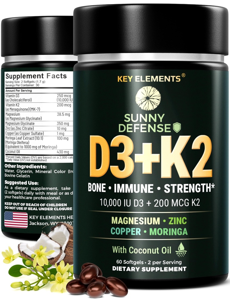 KLUCZOWE ELEMENTY D3 K2 Witamina 10 000 j.m. z Magnezu Glicynian 350mg, Cynk i Moringa - Wsparcie dla kości i odporności - Witamina D z K2 MK- 7 200mcg - Nie- GMO, Softgels bez glutenu