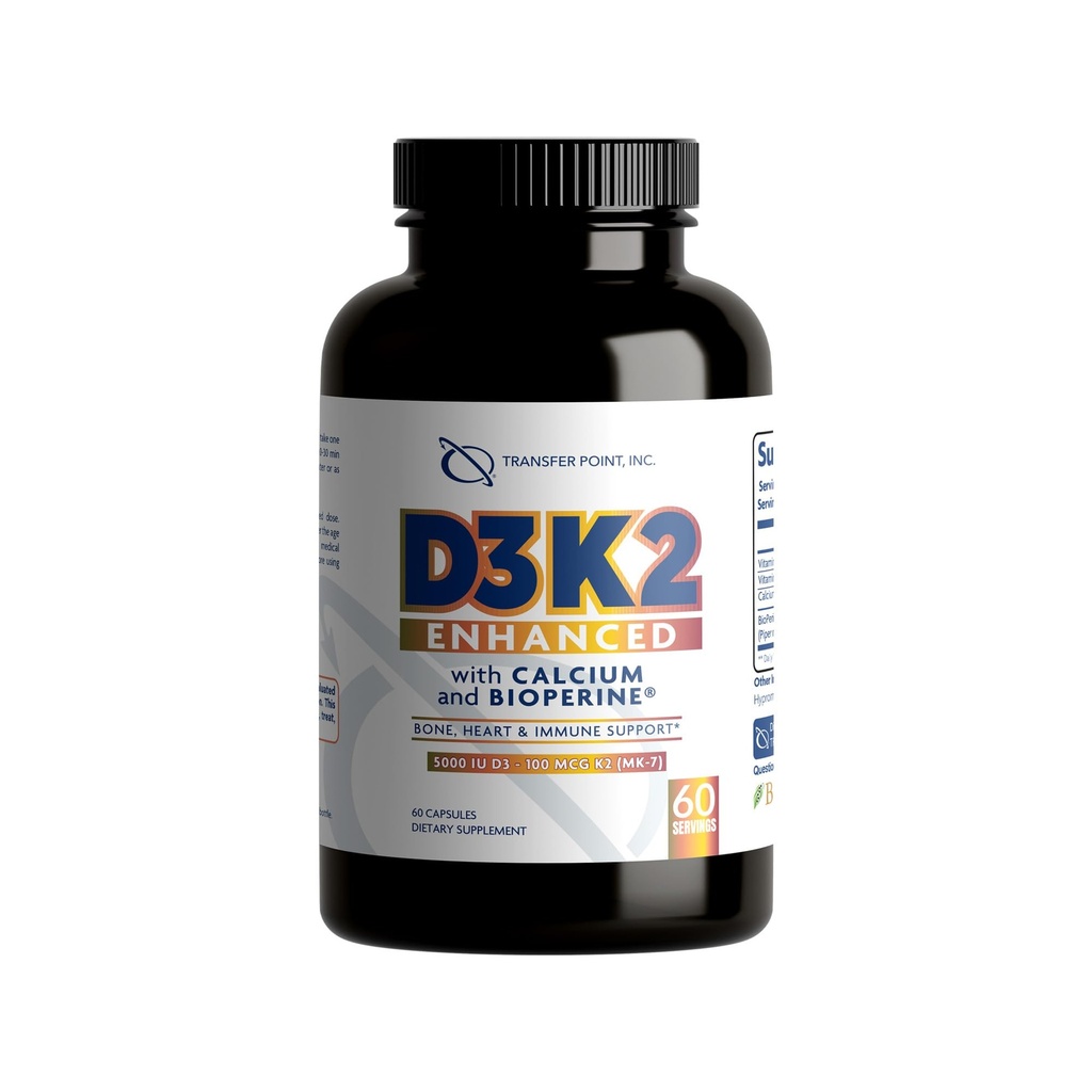 D3K2 Zwiększona o wapń i bioPerine ® - 5000 j.m. Witamina D3 + 100 µg Witamina K2 MK- 7 - Formuła Once- Daily, 60 Kapsułki
