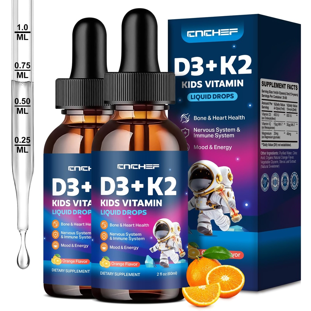 2PCS Witamina D3 K2 Krople dla dzieci - Płynny suplement z magnezem do absorpcji wapnia, Joint Health, Zęby i Serce - Non-GMO, Wegan, Orange, 4 Fl Oz - Dzieci w wieku 4 +