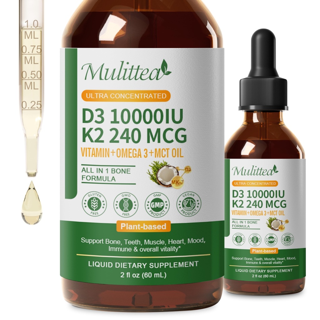 2 Pack Organiczna witamina D3 K2 Liquid 10000 j.m. w / wegan Omega-3 & olej kokosowy MCT - Maksymalna moc suplement witaminy D, bez wypełniaczy, Non-GMO K2 jako MK7 dla kości, mięśni i wysokiej Absorpcji- Fl Oz