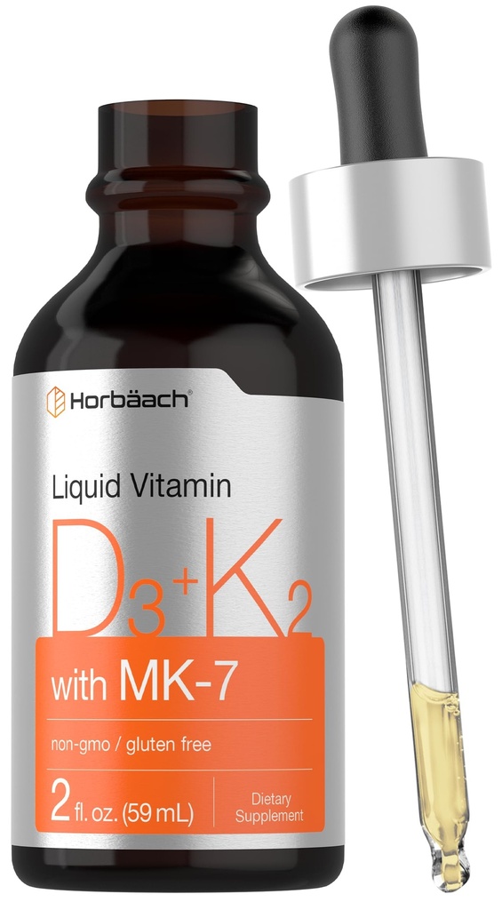 Horbäach Witamina D3 K2 Krople płynne 124; z MK7 Bilans 124; 2 Fl Oz 124; Wegetarianin, Non-GMO, Gluten