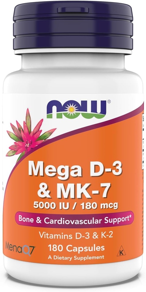 Mega D- 3 & MK- 7, 5000 j. m. / 180 µg, wsparcie dla kości i układu sercowo- naczyniowego *, witaminy K- 3 & K- 2, 180 kapsułki