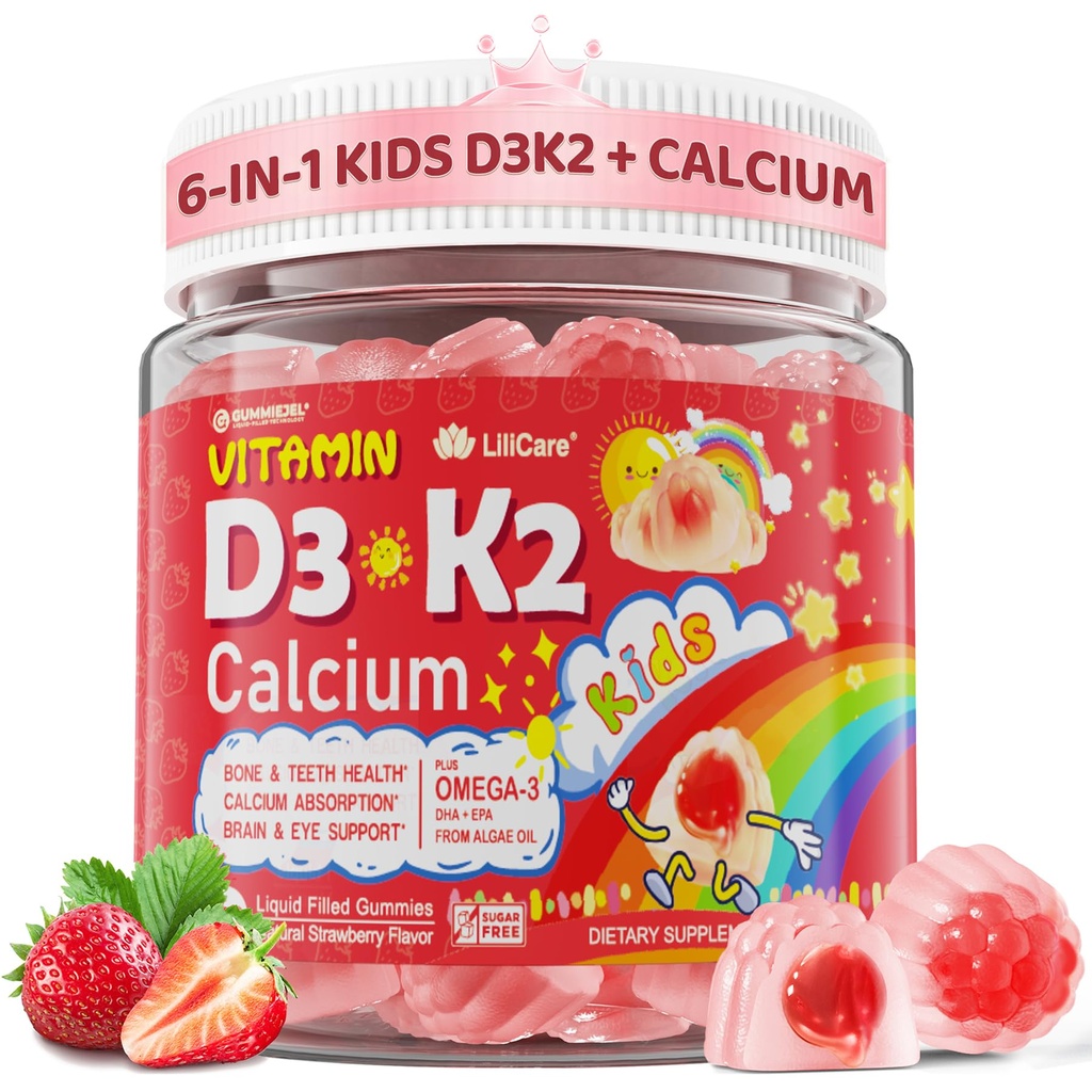 Witamina D3 K2 + Gummeje wypełnione wapniem dla dzieci i młodzieży, 1000IU / 2000IU D3 z magnezem, Algal Omega 3, Dzieci Witaminy dla kości i zębów, Wchłanianie wapnia, Mózg, immunologiczne, bez cukru, 60Cts