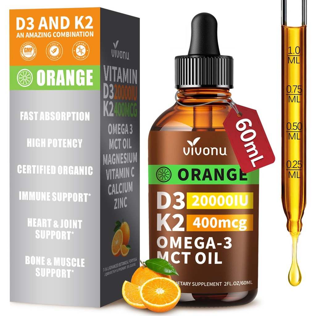 Witamina D3 K2 Krople, D3 20000 j.m. & K2 jako MK- 7 400mcg z Magnezem, Wapniem, Cynk i Omega 3 dla immunologicznych *, Nastrojów *, Kości * Zdrowie, Pomarańczowy Flavor Witamina D Płyn Suplement kropli 1 Butelka / 2 Ounces