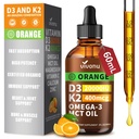 Witamina D3 K2 Krople, D3 20000 j.m. & K2 jako MK- 7 400mcg z Magnezem, Wapniem, Cynk i Omega 3 dla immunologicznych *, Nastrojów *, Kości * Zdrowie, Pomarańczowy Flavor Witamina D Płyn Suplement kropli 1 Butelka / 2 Ounces