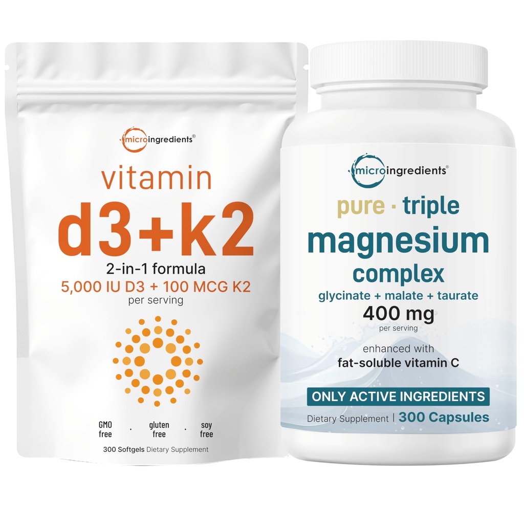 Micro Składniki Witamina D3 5,000iu + K2 100mcg Softgels & Pure Triple Magnezu Complex 400mg Kapsułki 124; 2 Pack Bundle Between 124; Esential D & K Sunshine Witaminy 124; Glicynian, Malate, & Taurate Forms