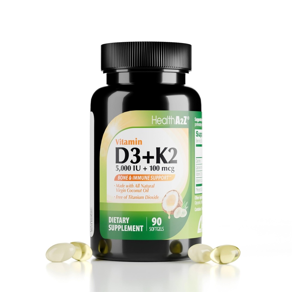HealthA2Z ® Witamina D3 (5000 j. m.) + K2 (MK- 7) Wyprodukowany z oleju kokosowego z dziewicy (naturalne MCTs) - 90 Softgels (opakowanie po 1) - Pomaga w wchłanianiu wapnia dla kości, zębów, nastrojów i zdrowia immunologicznego