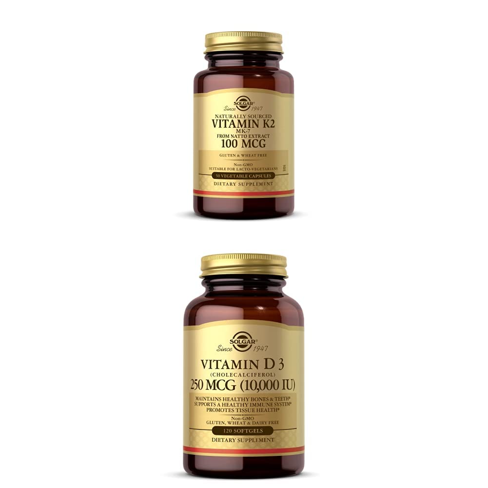 Solgar Vitamin K2 (MK-7) 100mcg, 50 Vegetable Capsules - Supports Bone Health Vitamin D3 (Cholecalciferol) 250 MCG (10,000 IU), 120 Softgels - Immune System Support