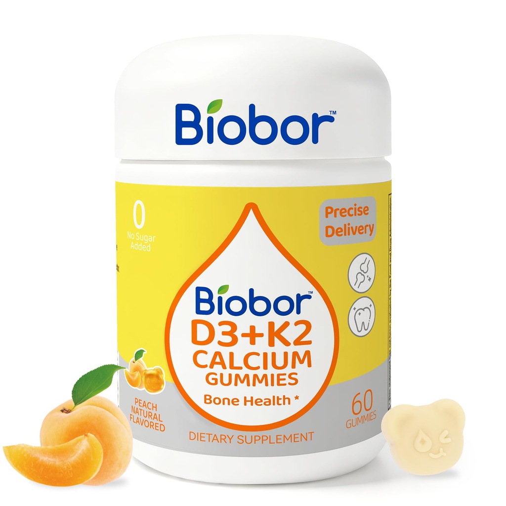 Biobor Witamina D3 K2 Gumiaki z wapniem, 2000 j.m. D3 & 200 µg K2 (MK- 7) & 200 mg Wapnia, Nie dodano cukru, Wspiera zdrowe kości i immunologiczne zdrowie, Gluten wolny, GMO wolny, Żółta brzoskwinia, 60
