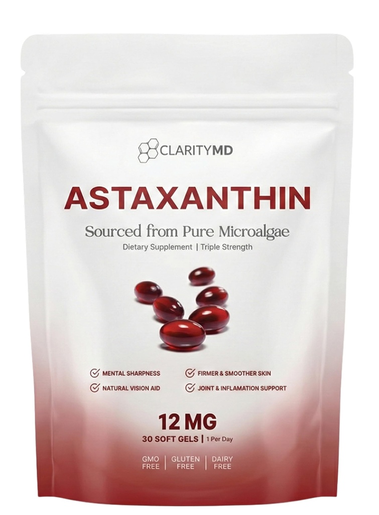 Astaksantyna 12 mg przeciwutleniacze Suplement - Naturalne źródła mikroalg - Lipid- Softgel do zwiększonej absorpcji - Cognitive, Vision & Joint Support - 30 Softgels (Opakowanie po 1)