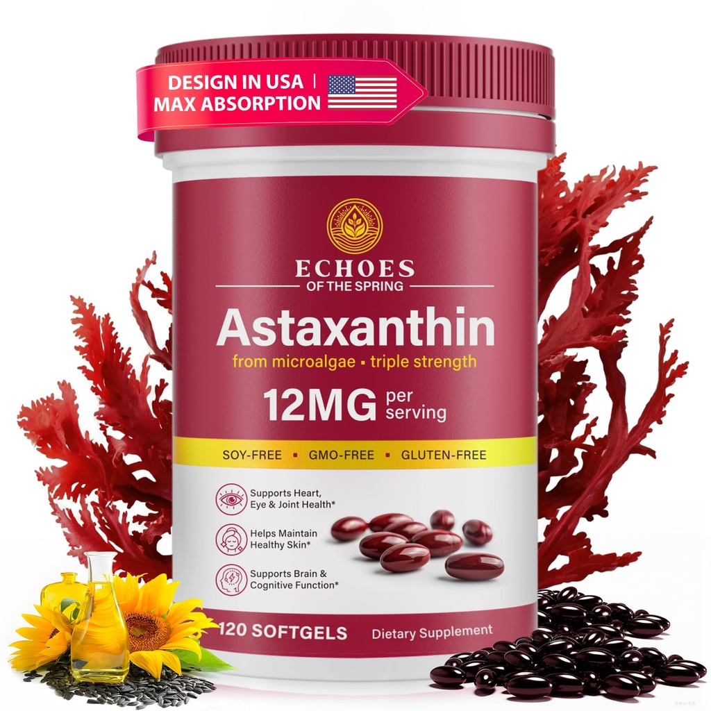 Astaksantyna 12 mg - naturalna astaksantyna z Haemococcus Pluvialis, Triple Force Antioksydant Supplement for Eye, Skin, Joint & Immune Support (120 Count (Pack of 1))