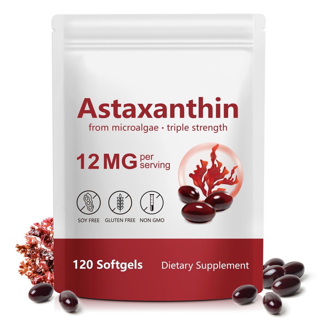 Astaksantyna Suplementy 12mg, 120 Astaksantyna Softgels, Premium As- taxantyna Suplementy przeciwutleniające z aktywności przeciwutleniającej, Wspiera oko, Skóra, Imimmunologiczne, Wspólne, Wewnętrzne Circulation- 4 Dostawa miesiąc