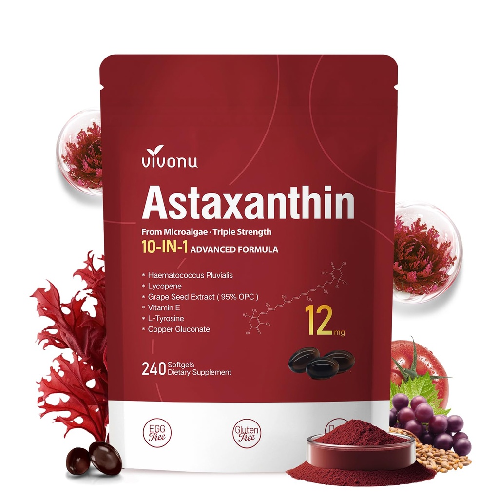 10 w 1 Astaksantyna 12 mg Suplementy, 4 Miesiące Dostawy, Astaxantina Przeciwutleniacz z świeżego Haemococcus Pluvialis, Zawiera likopen, ziarno winogron, Witamina E, & Więcej Wspiera Oko, Joints, Zdrowie skóry