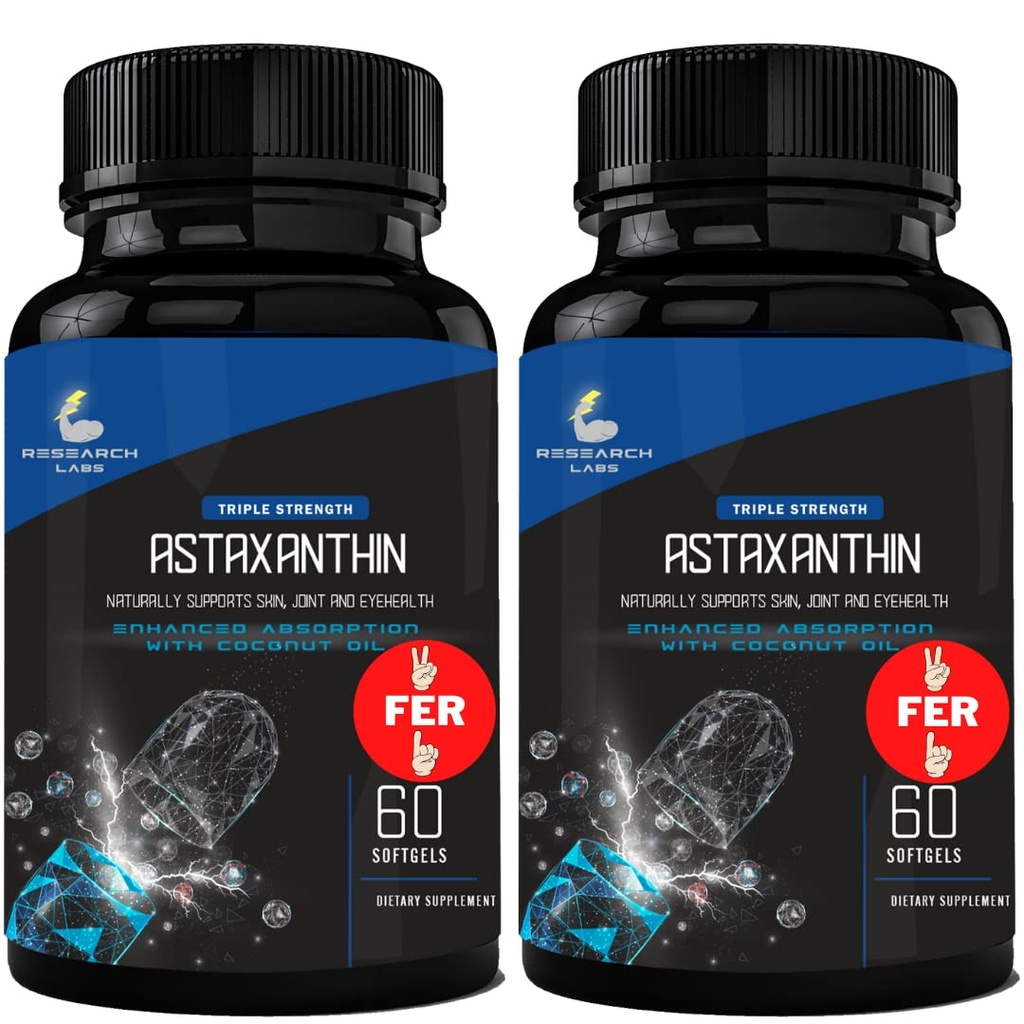 Badania Labs Triple Siła Naturalna Astaksantyna 12 mg Softgels + Dodatkowa butelka organiczny olej kokosowy dla zwiększonej absorpcji Potężny przeciwutleniacz Wspiera Oko Joint & Heart Health 120 Total Softgels