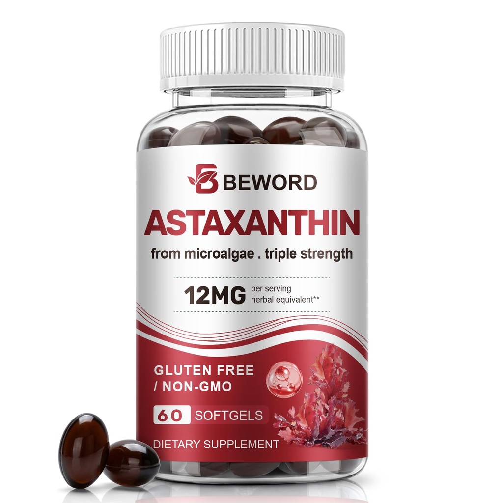 BEWORD Astaksantyna 12mg z MCT Oil, 60 / 120 Softgels 2- Miesiąc Dostawy 124; Premium Suplementy przeciwutleniające 124; Naturalne mikroalgi, Triple Siła 124; Wspiera Skóra & Eye Health 124; Non-GMO, Gluten & Soy- Free