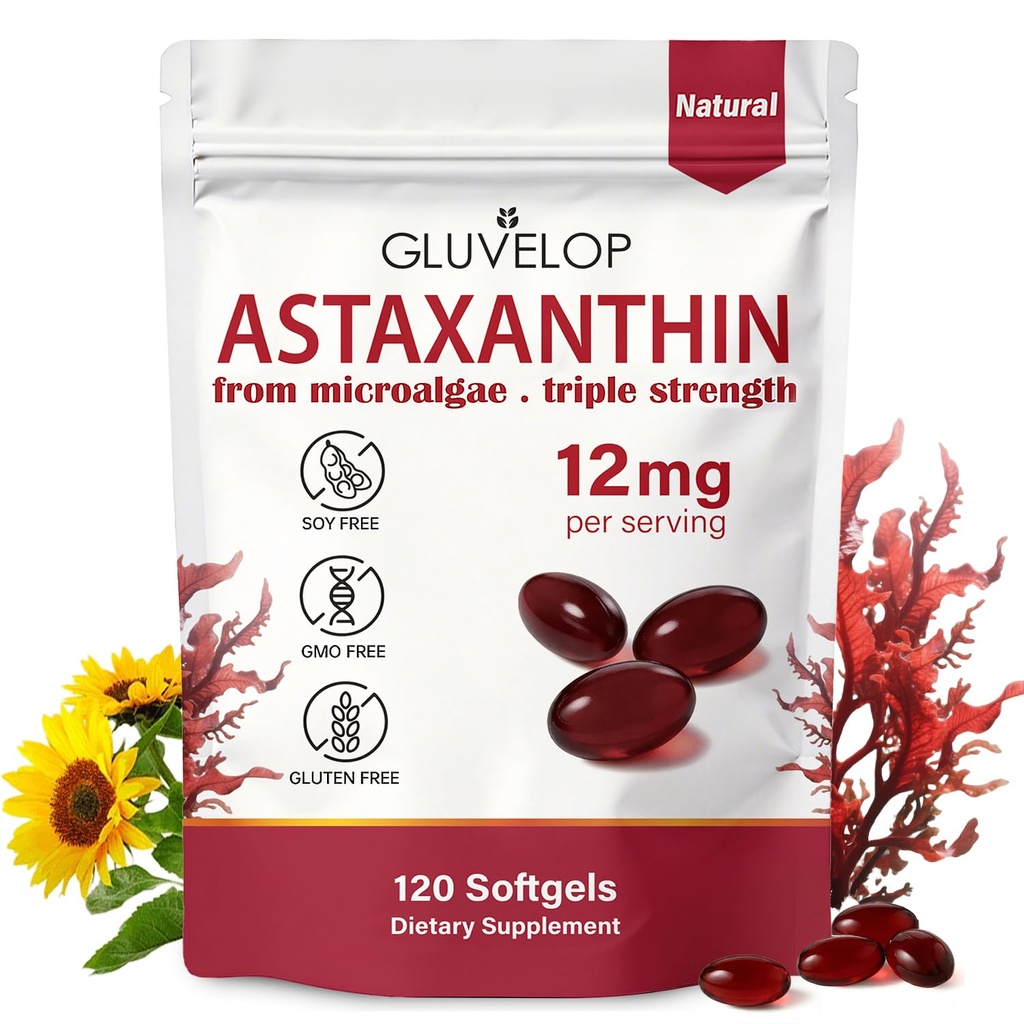Astaksantyna 12 mg, Premium Astaksantyna Suplementy przeciwutleniające, Wspiera oko, Skóra, immunologiczne, krążenie wewnętrzne, Świeże źródła mikroalg, potrójne siły, Non-GMO, 4 Dostawy miesiąc, 120 Softgels