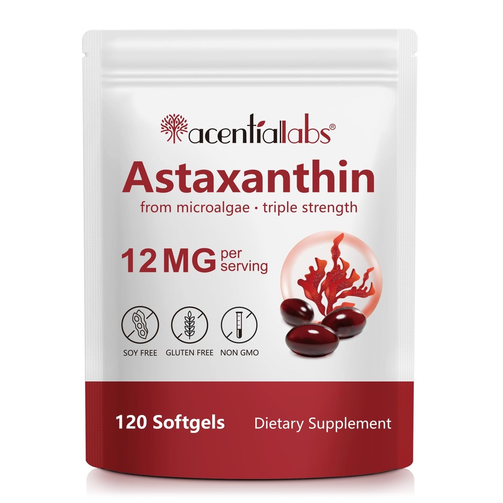 Astaksantyna Suplementy 12mg - 120 Softgels 124; Premium Naturalny przeciwutleniacz z mikroalg 124; Eye, Skóra, Mózg, Joint, Serce i immunologiczne wsparcie zdrowia 124; Non-GMO, Gluten- Free