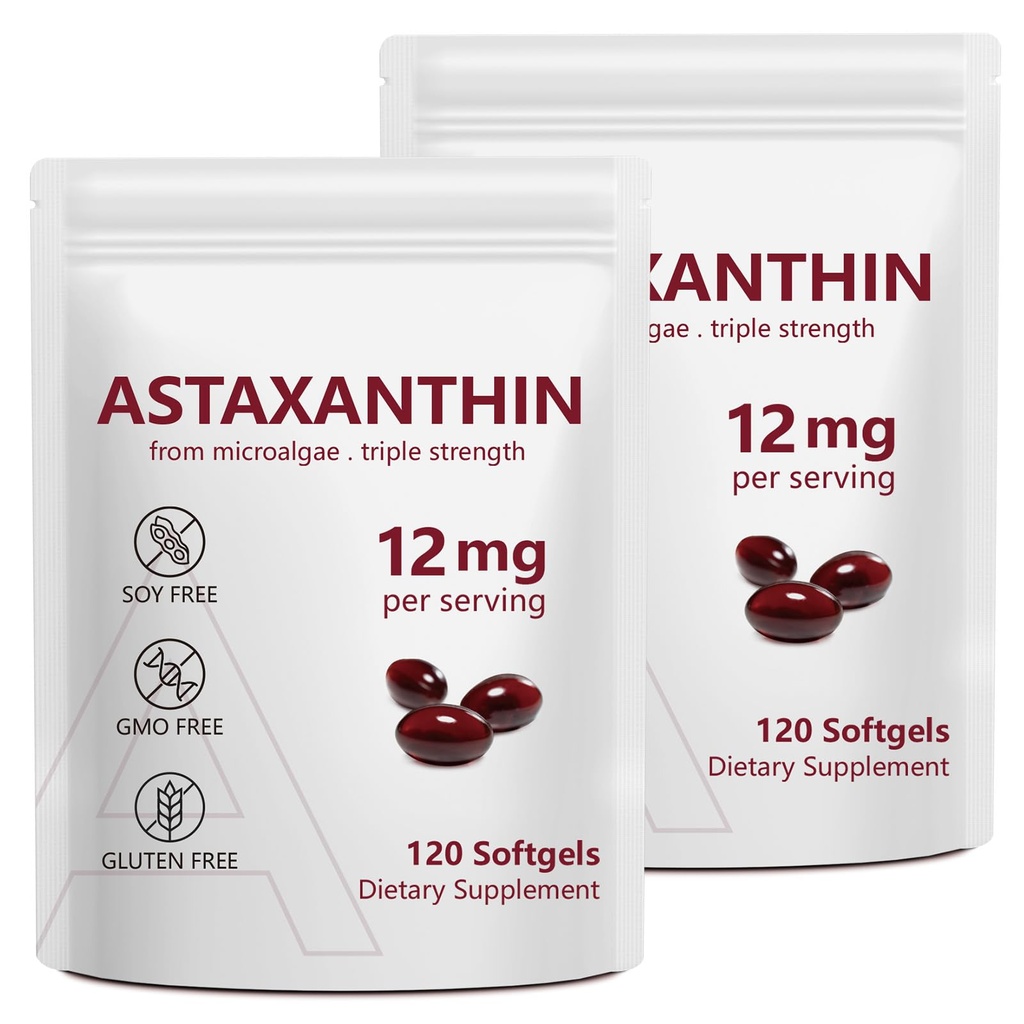 2 Opakowanie Astaksantyna 12 mg, Premium Astaksantyna Suplementy przeciwutleniające z aktywności przeciwutleniającej, Wspiera oko, immunologiczne, Zdrowie skóry, Wewnętrzne krążenie
