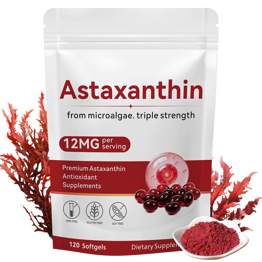 Astaksantyna 12 mg, 120 Softgels, Premium Astaksantyna Suplementy przeciwutleniające z aktywnością przeciwutleniającą, Wspiera oko, zdrowie skóry, immunologiczne, krążenie wewnętrzne