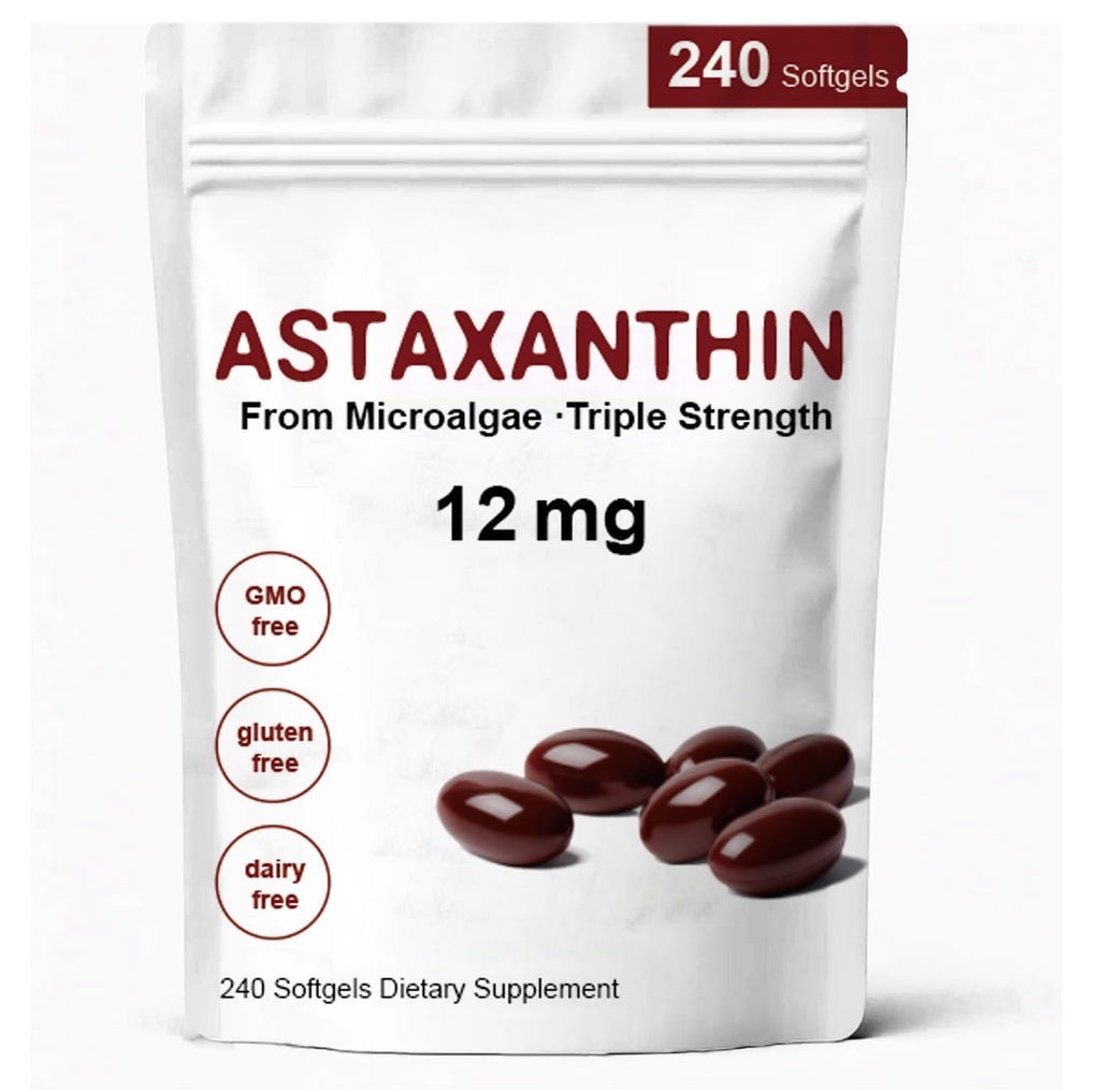 Astaksantyna 12 mg, Premium Astaksantyna Suplementy przeciwutleniające z aktywności przeciwutleniającej, Wspomaga oko, immunologiczne, Zdrowie skóry, Wewnętrzne Circulation- 240 Softgels