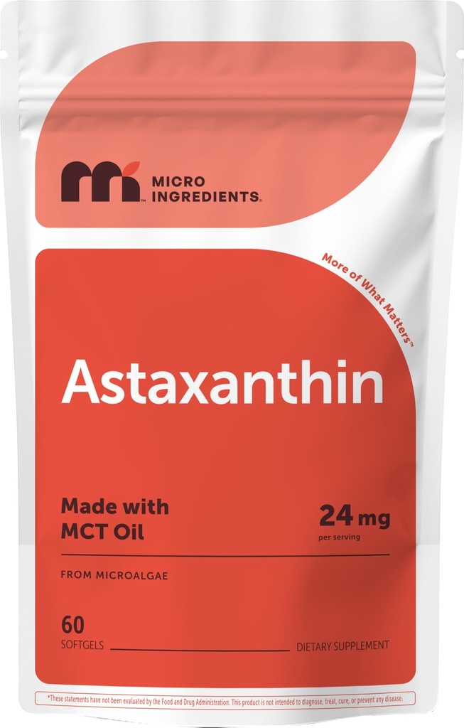 Micro Składniki Astaksantyna 24 mg z MCT Oil, 60 Softgels, 2 Miesiące dostaw 124; Max Siła Astaksantyna Antyoksydanty Suplementy 124; Świeże Mikroalgi Źródło 124; Non-GMO, Gluten Free, No Soy