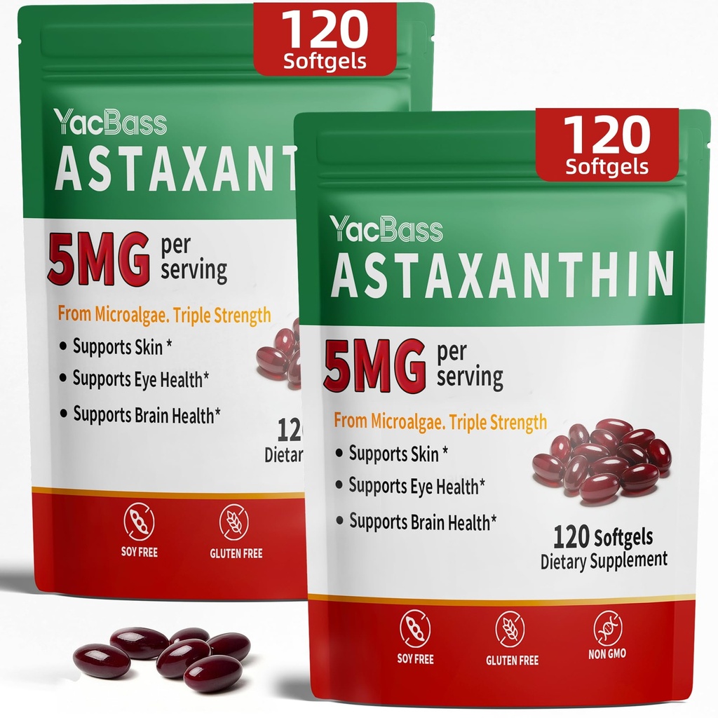 2Pack Astaksantyna Suplementy 12mg - Premium Astaksantyna dla oka, mózgu, skóry i wsparcia immunologicznego, Mikroalgi Źródło, 240 Softgels