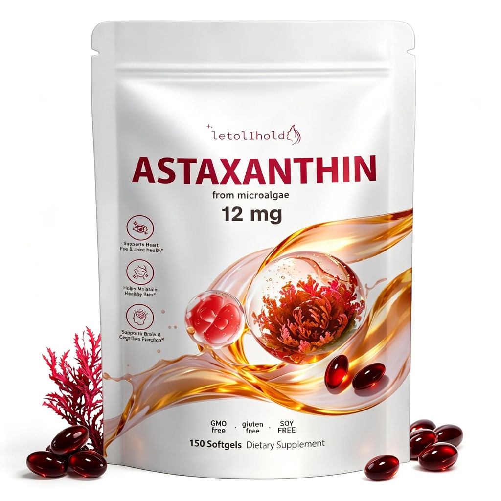 Astaksantyna 12mg, 150 Softgels - 5 Miesiące dostaw, Astaksantyna Suplementy zasolone z świeżych mikroalg, Non-GMO, Gluten Free, Łatwy do połykania