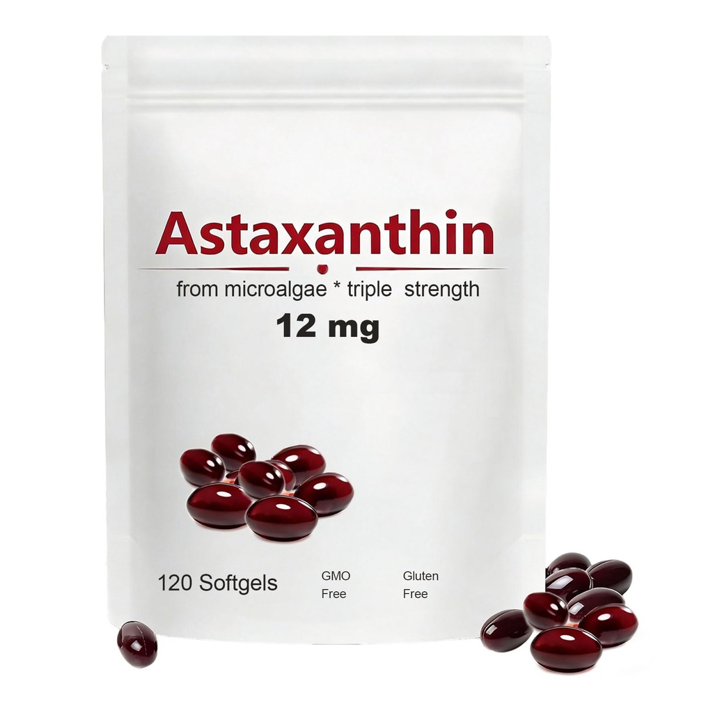 Astaksantyna 12 mg, 120 Softgels, Max Siła Przeciwutleniacz z oleju kokosowego, Natural Formula, Wysoka Absorpcja dla wsparcia oczu i skóry, Natural Formula, Non-GMO, Gluten Free