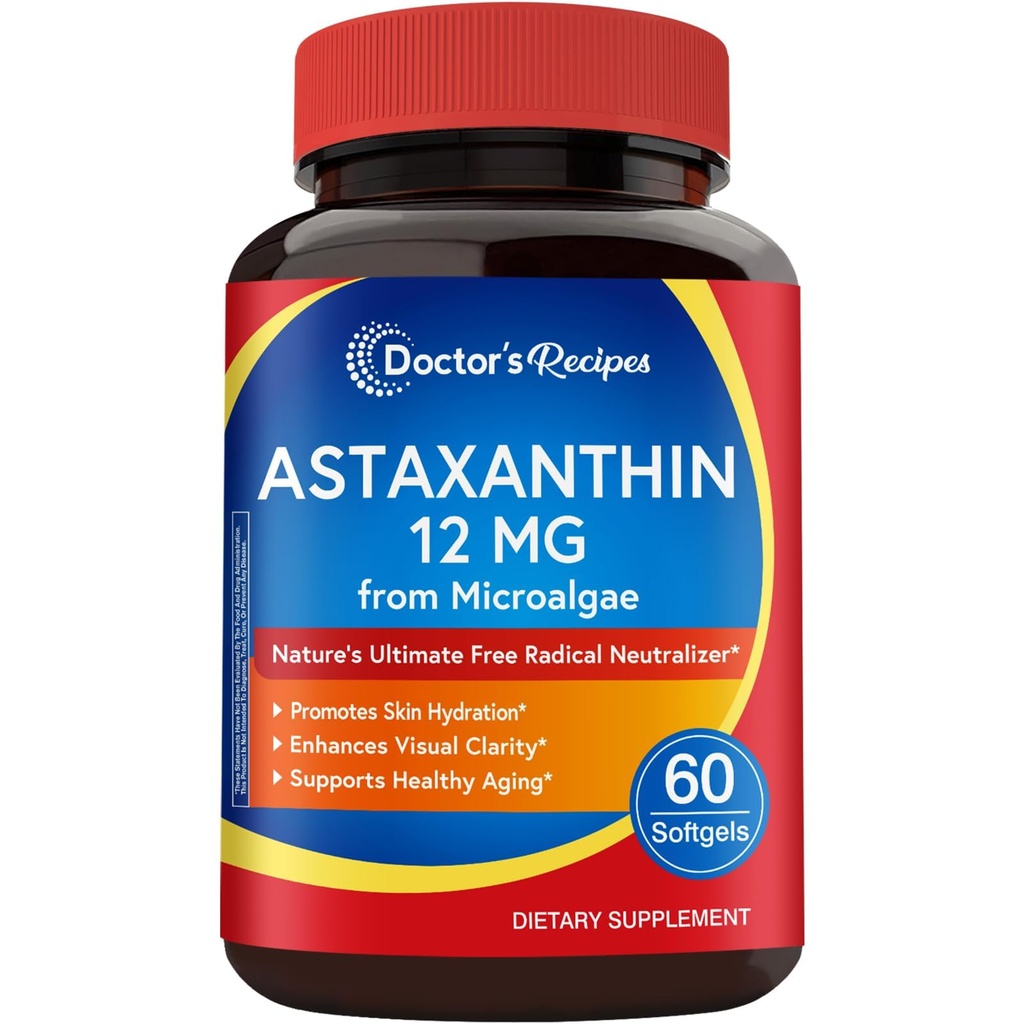 Przepisy lekarza Astaksantyna 12 mg, ze świeżych mikroalg Premium, Max Siła, No gluten, Nie-GMO, Wspiera skórę, Oko, kości i układu immunologicznego Zdrowie, 60 Softgels