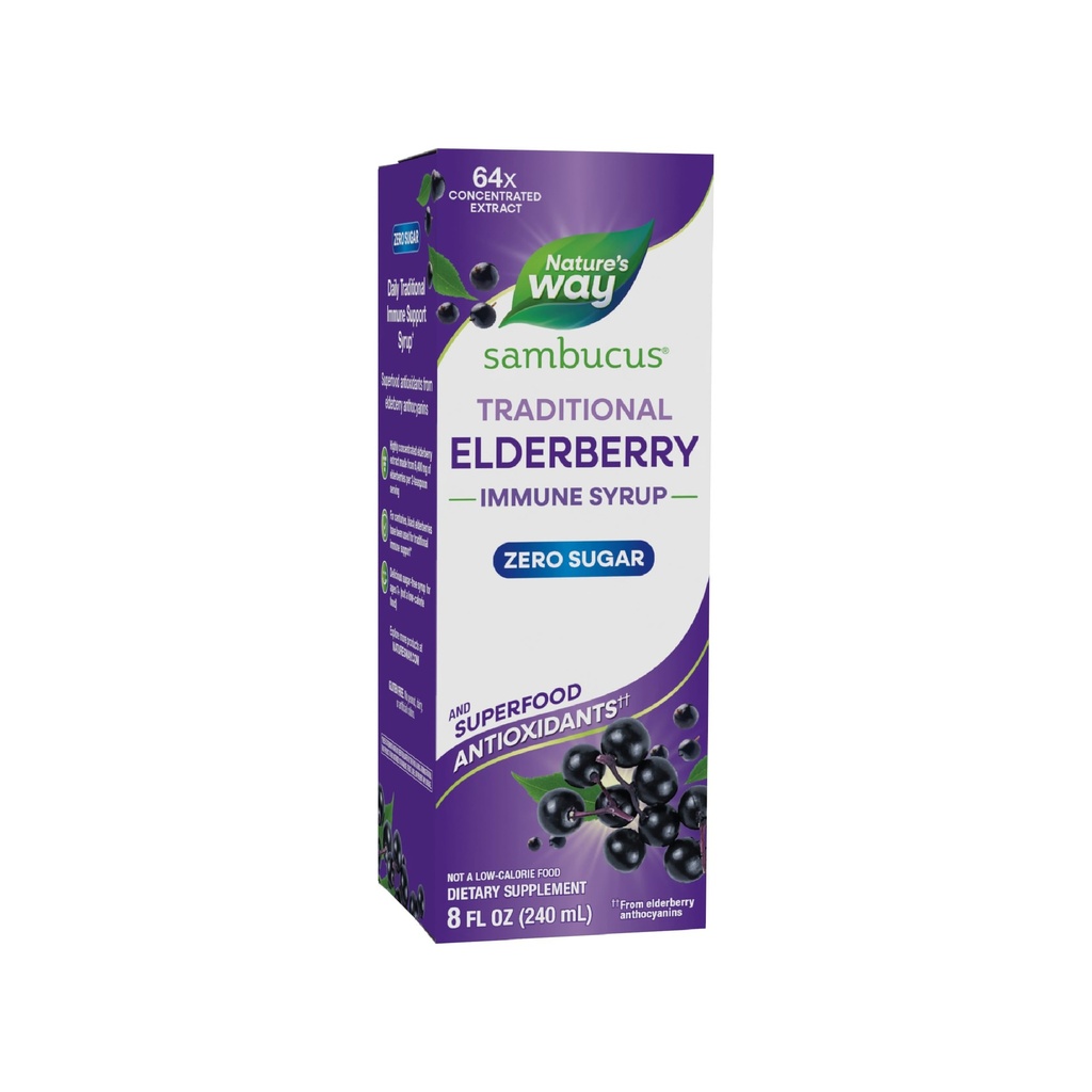 Nature 's Way Sambucus Zero Sugar Tradycyjny syrop immunologiczny, Wysoko skoncentrowany ekstrakt z czarnego borówki, Tradycyjne wsparcie immunologiczne *, Sugar- Free, Berry Flavored, 8 Fl Oz (Packaging May Vary)