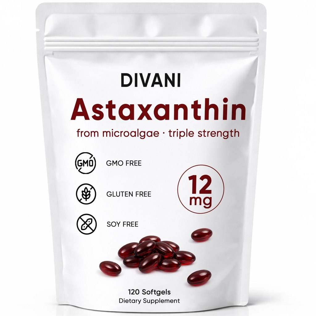 DIVANI Astaksantyna 12 mg, suplement przeciwutleniacz do codziennego Wellness, Immune, Eye & Skin Support, Non-GMO, Gluten Free - 120 Softgels