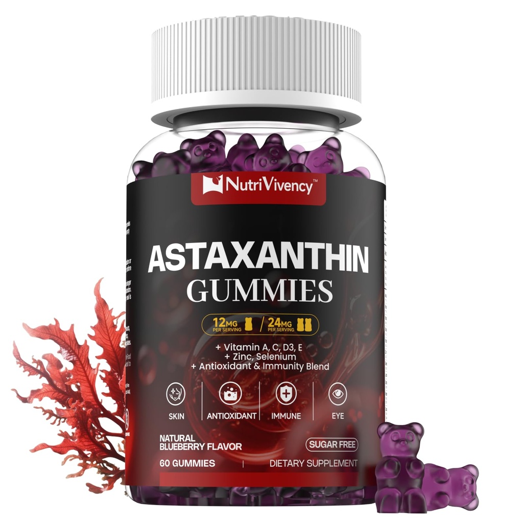 Astaksantyna Gummies, 12 mg Per Gummy 24 mg Max, Astaksantyna Suplementy z witaminą A / C / D / E, Resveratrol, 14- IN-1 Przeciwutleniacze Mieszanka dla kobiet Mężczyźni, Skóra, Oczy, Wsparcie immunologiczne, Bez cukru, Wegan, 60 Ct