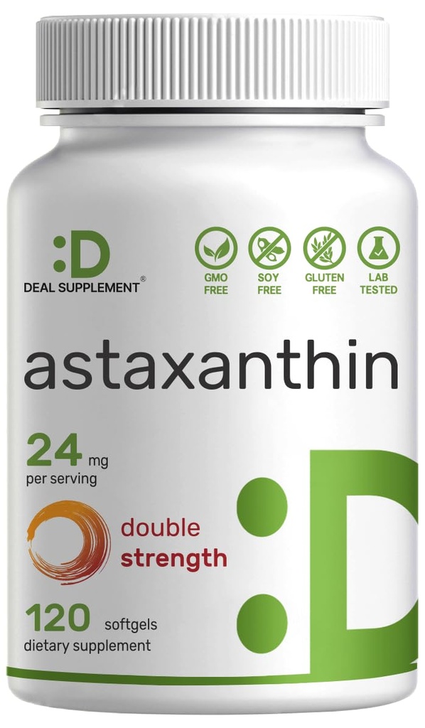 DEAL SUPLEMENT Astaksantyna 24 mg Per Serving (12mg per Cap), 120 Softgels - Podwójna siła Mikroalgi - Suplementy przeciwutleniające dla skóry, oczu, łączników i wsparcia immunologicznego - Non-GMO