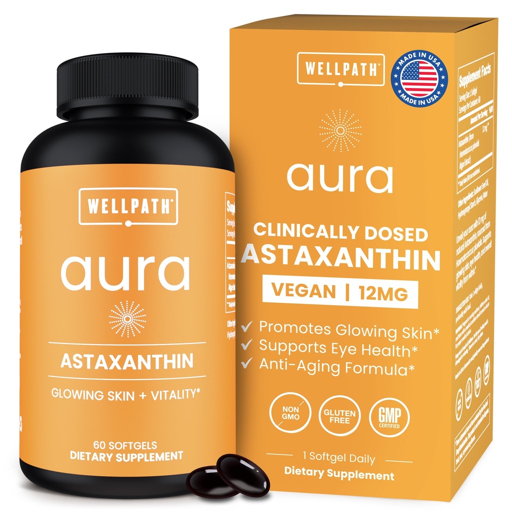 WellPath Astaxanthina 12mg Softgets 124; Vegan Astaxanthina Suplementy z mikroalg 124; Przeciwutleniacze do nawadniania skóry, Elastyczność i zdrowie oczu 124; Non-GMO, Made in USA, 2 Month Supply