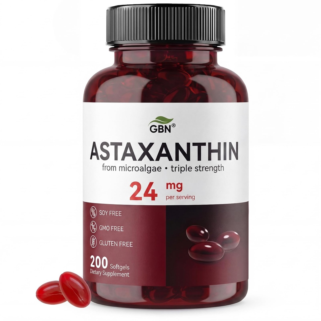 GBN Astaksantyna Suplementy 24mg 200 Softgels, Wspiera Oko, Skóra, Joint, Mózg, Serce i system immunologiczny Zdrowie, Stamina & Zdrowe Starzenie się dla kobiet i mężczyzn, Świeże źródła mikroalg