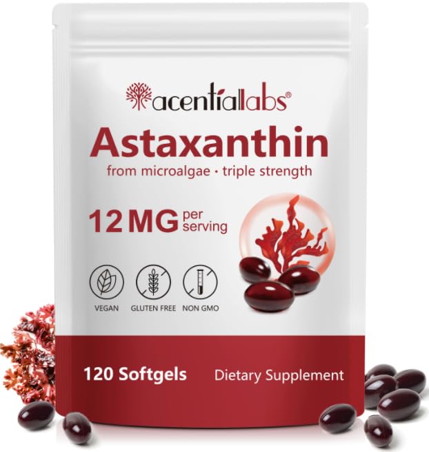 AIQIUSHA Astaksantyna Suplementy 12mg z oleju kokosowego, 120 Softgels, 4 Miesiące dostaw 124; Potrójne Siła Naturalna Astaksantyna z mikroalg 124; Non-GMO, Gluten & Soy Free