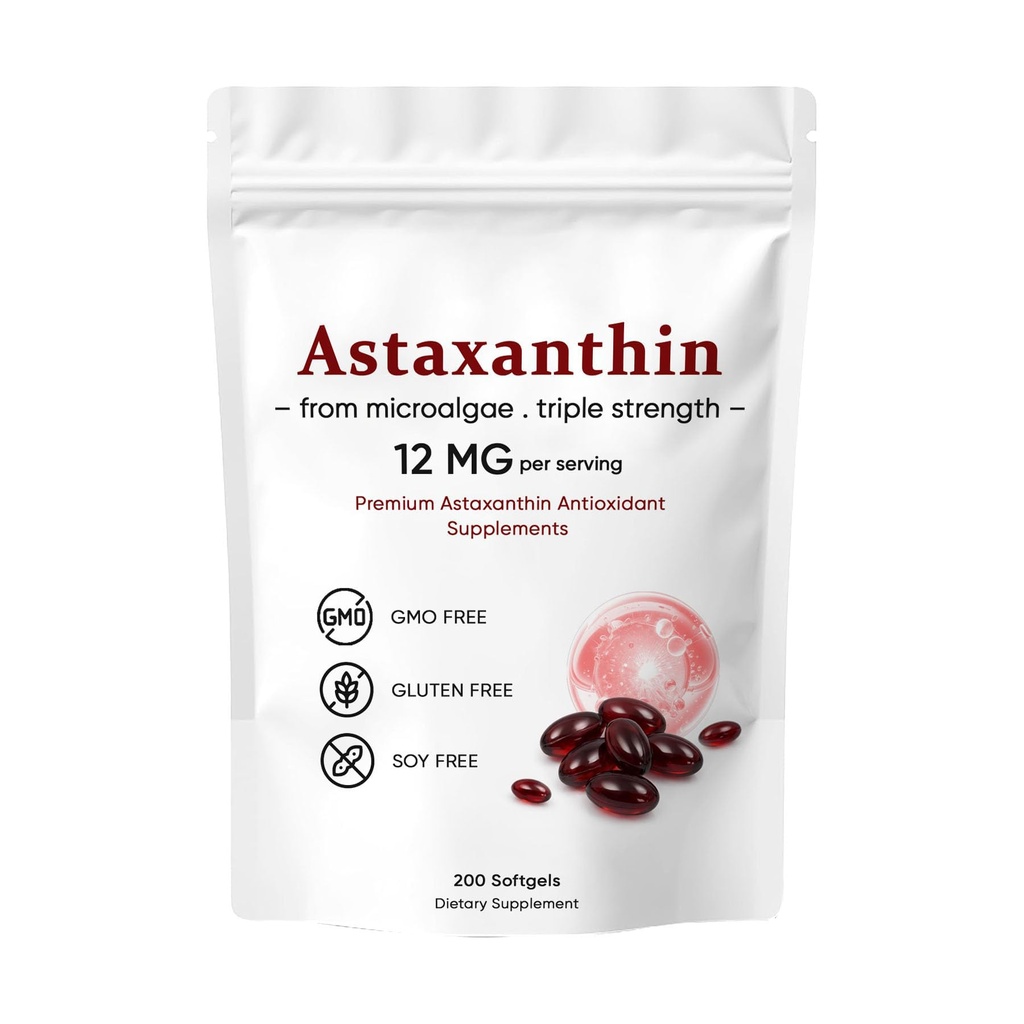 Astaksantyna 12 mg, Premium Astaksantyna Suplementy przeciwutleniające, Wspiera Oko, Skóra, Impotencja, Wspólne, Wewnętrzne krążenie, Nie- GMO Zweryfikowane & Gluten Free - 200 Softgels