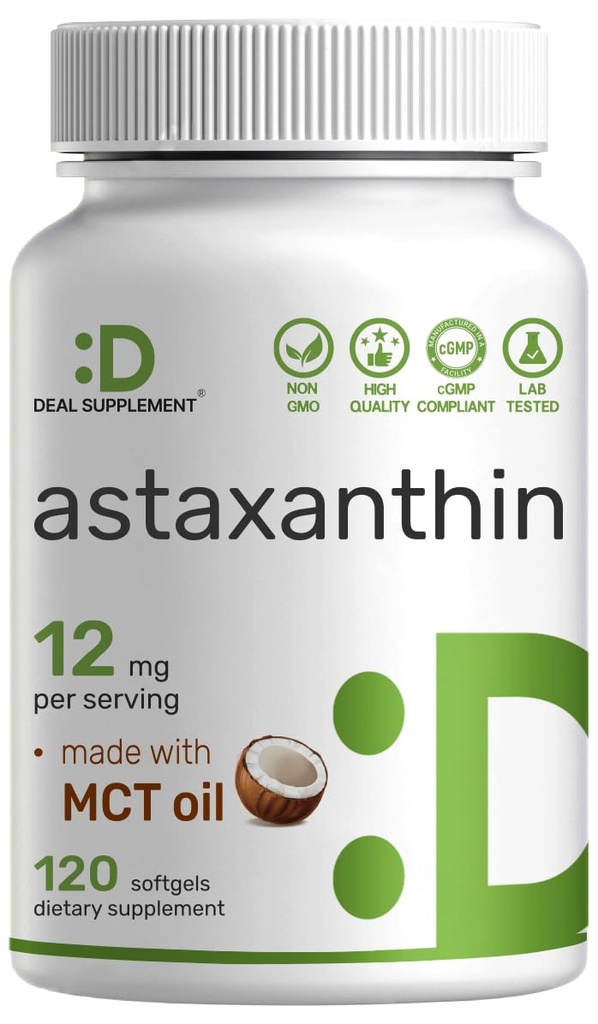 DEAL SUPLEMENT Astaksantyna 12 mg na Podawanie, 120 Softgeli 124; Astaksantyna Suplement z MCT Oil 124; Mikroalgi Źródło 124; Non-GMO