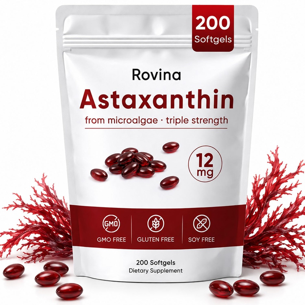ROVINA Astaksantyna 12 mg Softgels, suplement przeciwutleniacz wspomaga oko, skórę, immunologiczne, staw, cyrkulacja wewnętrzna, Non-GMO & Gluten Free - 200 Softgels