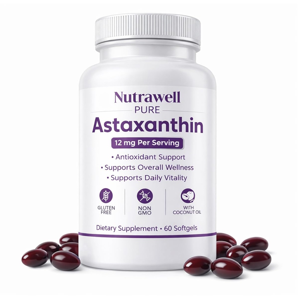 IRMI Nutrawell Astaxanthina 12 mg Softgels, Premium Natural Astaxanthin Bis124; Gluten- Free, Non-GMO Bis124; Daily Eye & Skin Support, 60 Soft żel