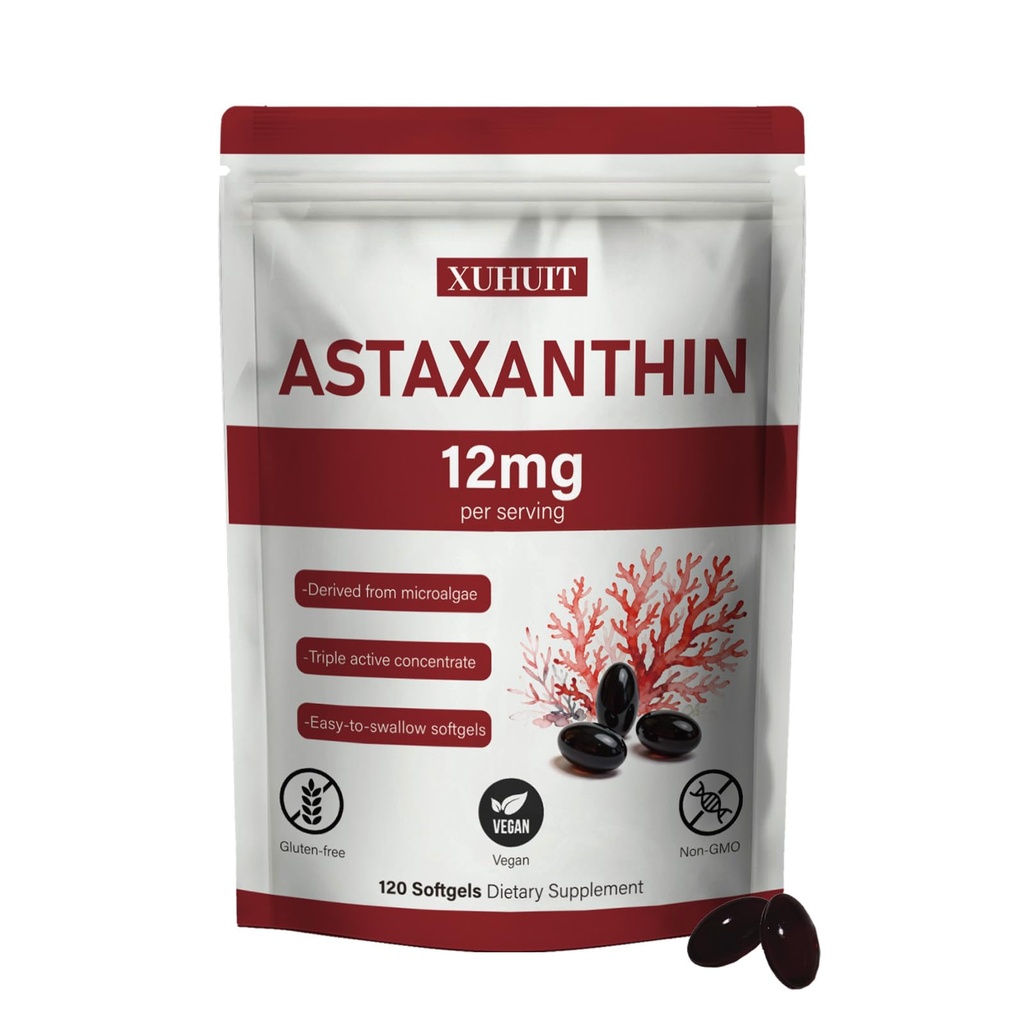 Astaksantyna Suplement 12mg, 120 Softgels ↓ 124; Premium Natural Astaksantyna Przeciwutleniacz z mikroalg ↓ 124; Wysoka wytrzymałość, Non-GMO, Gluten i Soy Free Formuła (1)