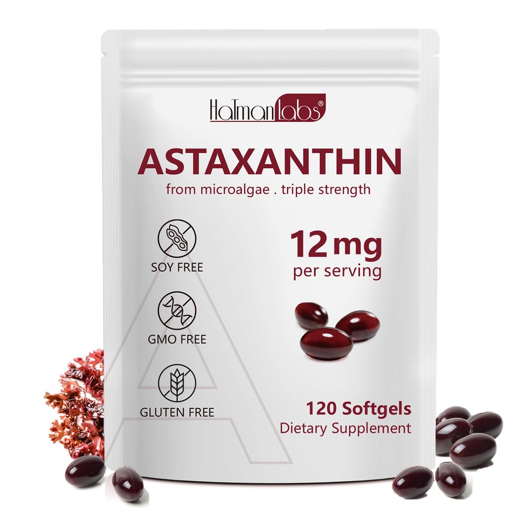 Daiazns Astaksantyna 12 mg, Astaksantyna Suplementy przeciwutleniające Wspomaga Eye, Joint, Wewnętrzne krążenie i Zdrowie skóry - Nie-GMO, 120 Softgels - 4 Dostawa Miesiąc