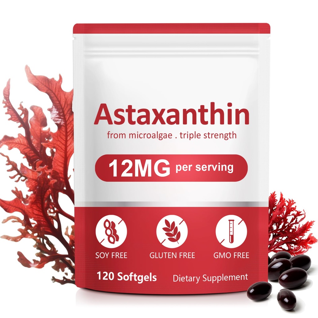Astaksantyna Suplementy, 12 mg Astaksantyna Naturalna Formuła Anty- Starzenie - Wspiera Oczy, Joint, Wewnętrzny cyrkulacja & Zdrowie skóry, Non-GMO Non-Gluten