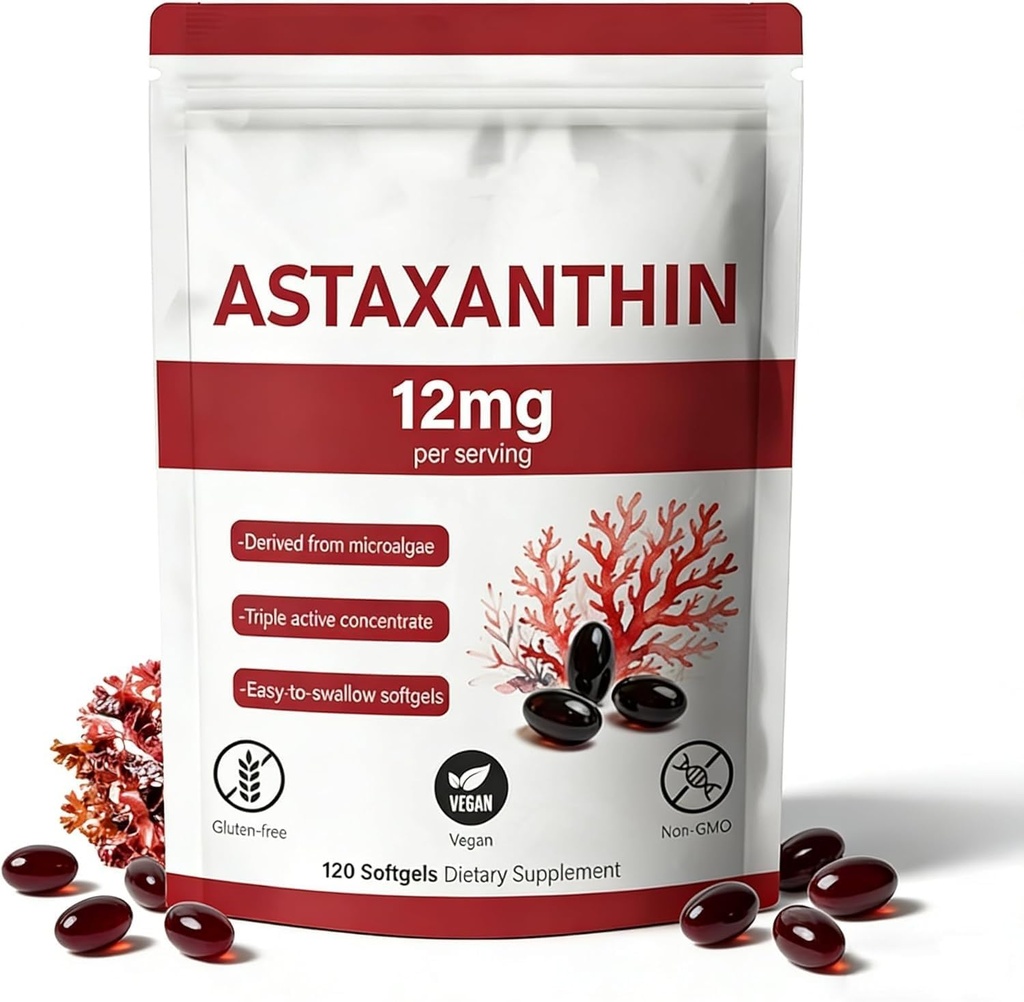 Astaksantyna 12 mg, 120 Softgels, Natural Microalg Source, Non-GMO Gluten- Free, 4 Dostawa miesiąc