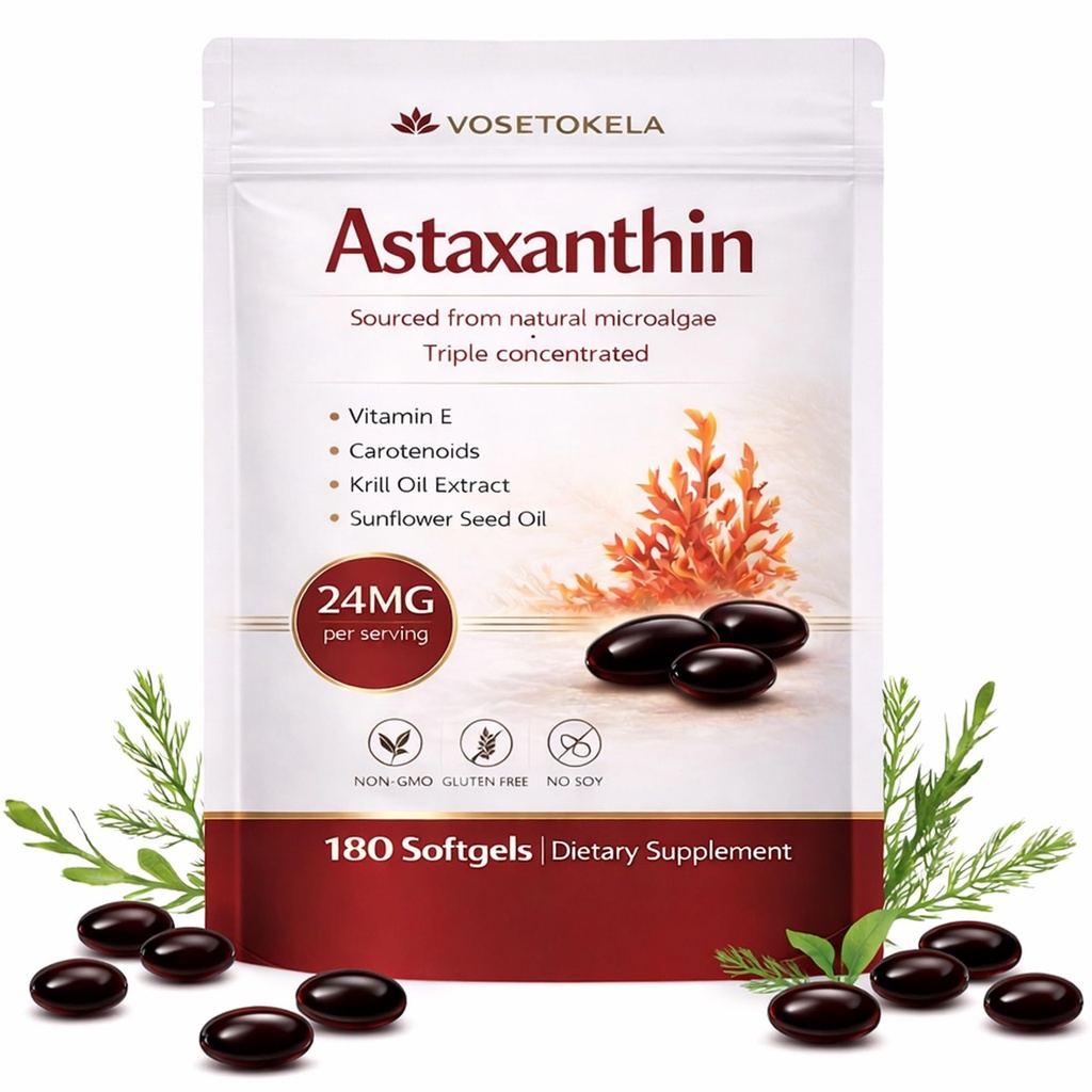 Astaksantyna Suplementy, Astaksantyna Przeciwutleniacze Kapsułki, 180 Softgels, 24mg Każdy, 6 Miesiące dostaw, z mikroalg, Gluten- Free, Nie-GMO, Wspiera zdrowe, Zrównoważony styl życia