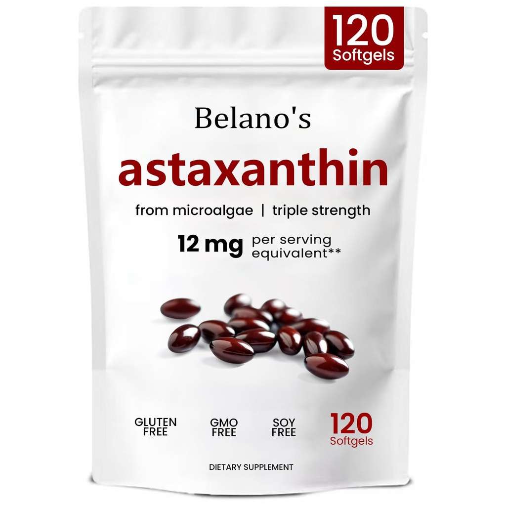 Belano 's Astaxanthina 12 mg, Astaxanthina Softgels, Premium Astaxanthin Antioksydant Supplement Amendment 124; Health & Energy Support, Non-GMO, Vegan- Friendly & Gluten- Free - 120 Softgels (1 worek)